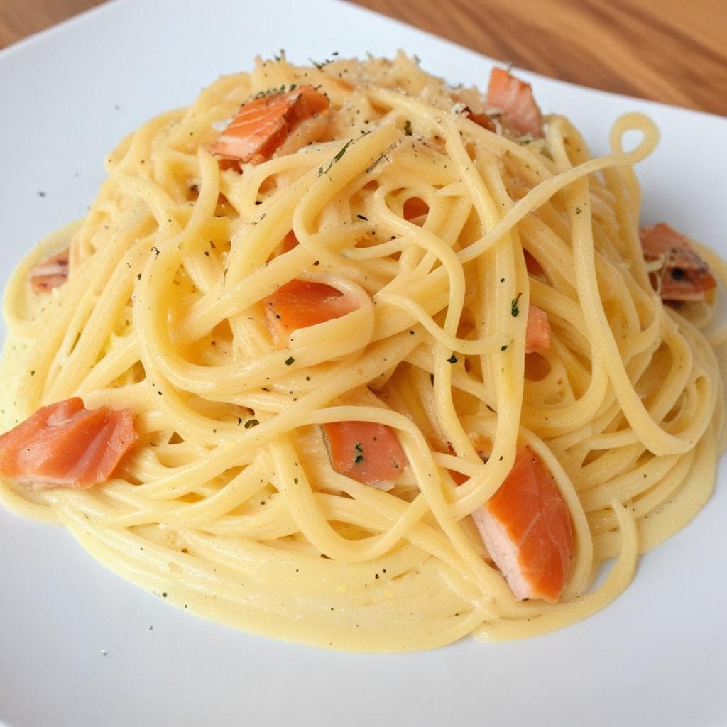 Spaghetti with smoked trout carbonara